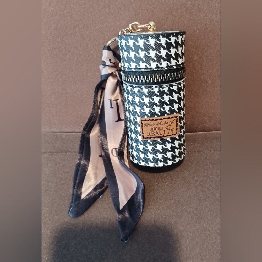 New Black White Houndstooth Novelty Mini Cylinder Coin Purse Keychain Bag Charm
